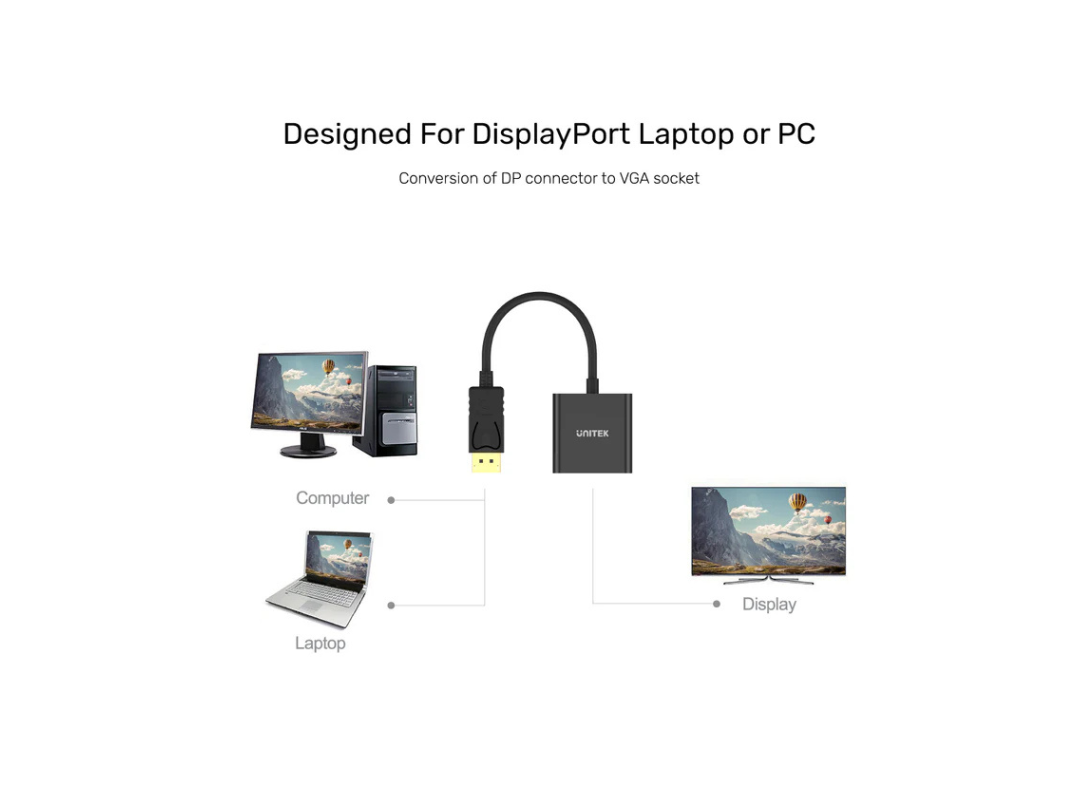 Unitek DisplayPort to VGA Adapter - 1080p HD Resolution, Plug & Play Unitek DisplayPort to VGA Adapter - 1080p HD Resolution, Plug & Play